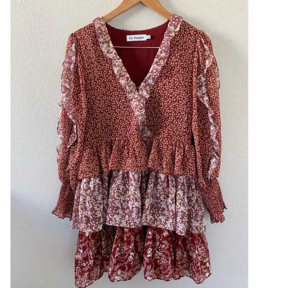 En Saison Metallic Floral Mini Dress‎ Size Medium Bohemian Ruffle Printed - Picture 4 of 10